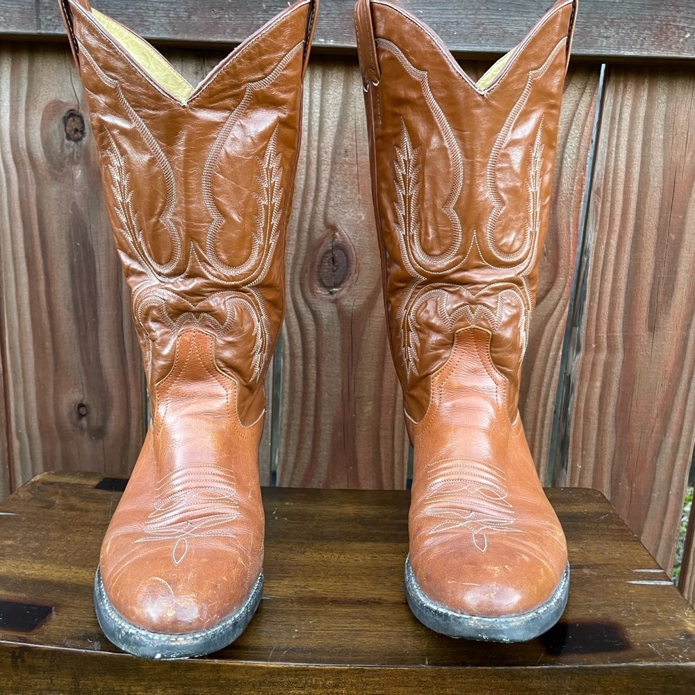Vintage 1990’s Larry Mahan’s Brown Leather Cowboy Boots cognac leather - Picture 11 of 16